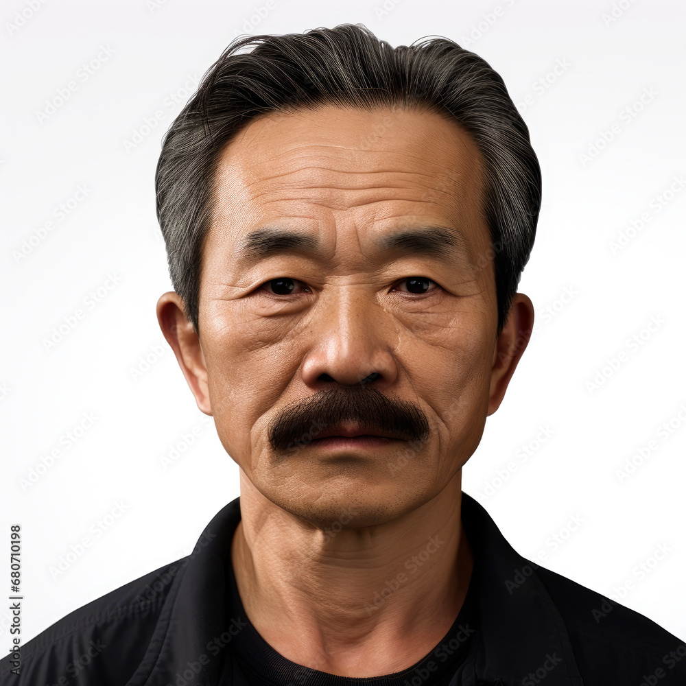 middle aged asian man with mustache . white background . generative ai middle aged asian man with mustache . white background . generative ai
