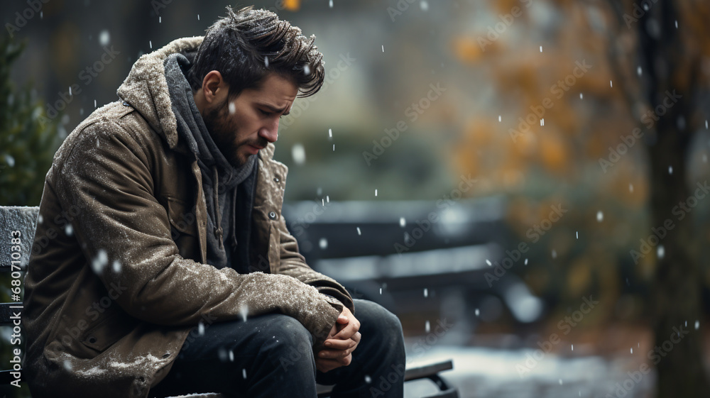 Man sitting dpressed on cold bench during snowy cold winter - obrazy, fototapety, plakaty 