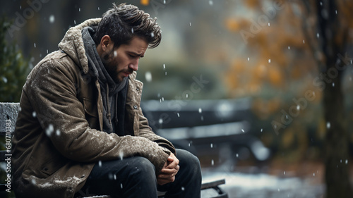 Man sitting dpressed on cold bench during snowy cold winter photo