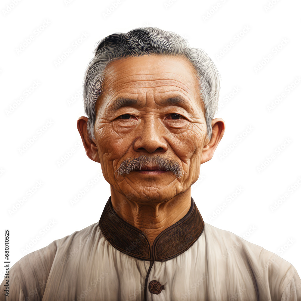 old senior asian male man with mustache . white background . generative ai old senior asian male man with mustache . white background . generative ai