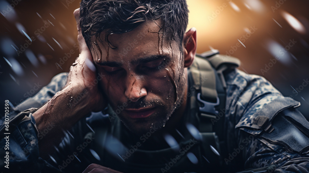 Soldier stressed and traumatized, PTSD awareness month illustration