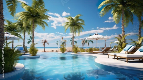 luxury pool close to the beach in tropical resort - created with generative AI