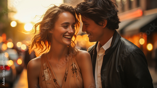 Young man and blonde woman standing in urban sunset.