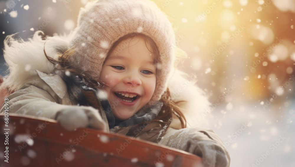 Girl, child playing in winter snow as his mom and dad sit on sleds Girl, child playing in winter snow as his mom and dad sit on sleds