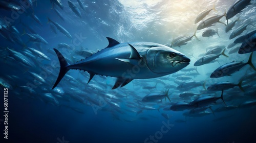 swarm of tuna fish swimming in the sea - created with generative AI photo