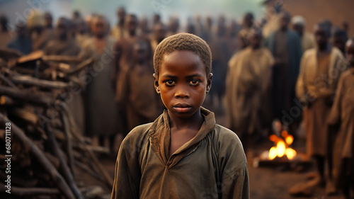 Crowd of little poor african boys in a local village of Africa
