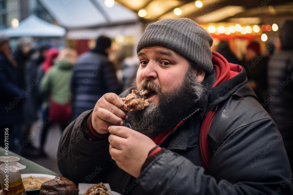A man eating outside a food stall during german christmas market holiday