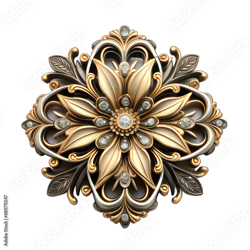 Broach with golden and silver leaves and diamonds isolated on white created with Generative AI