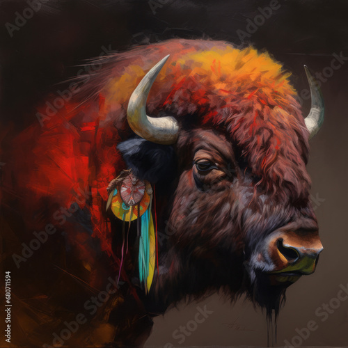 Colorful Bison wearing a feather