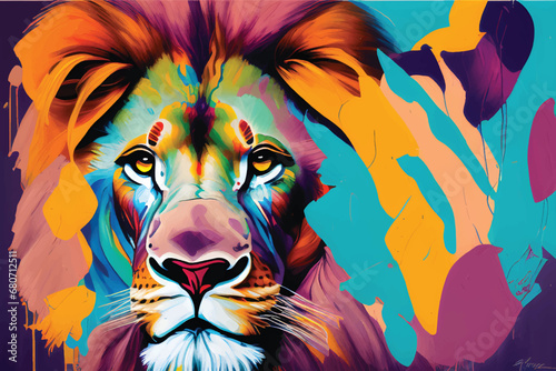 Lion face oil painting. Abstract Artistic Expression with Colorful Brush. Creative Multi Colored Paint Abstract Background. Lion Oil painting art. © Usama