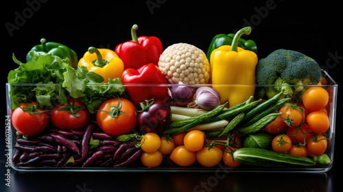 Lush display of colorful vegetables in a clear container, a feast for the eyes and health. These vibrant veggies are loaded with nutrients for a vitalizing diet.