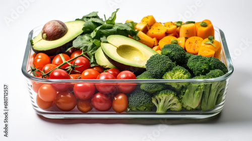 Transparent dish filled with an array of green vegetables  avocados  and cherry tomatoes  ready for a health boost. Packed with beneficial fats and vitamins  ideal for nourishment.