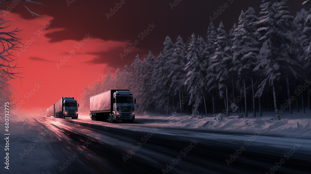 Red cargo truck driving on icy and snowy road during winter, logistics and transport concept