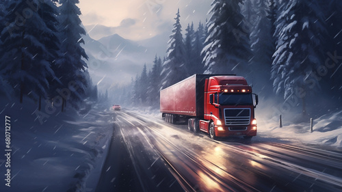 Red cargo truck driving on icy and snowy road during winter, logistics and transport concept