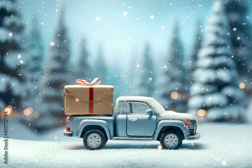 A small car loaded with presents against a Christmas backdrop, a charming image for holiday celebrations
