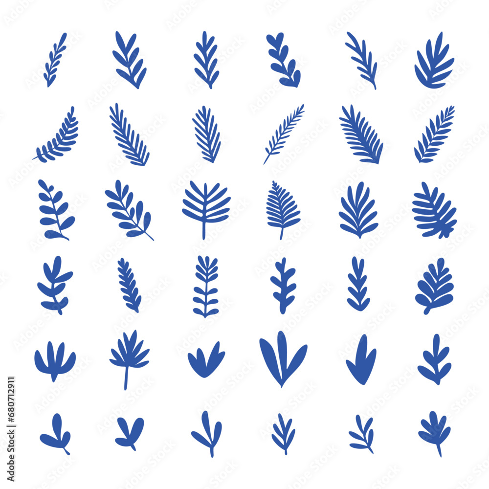 Blue abstract minimalist plants flat vector set Blue abstract minimalist plants flat vector set