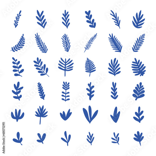 Blue abstract minimalist plants flat vector set
