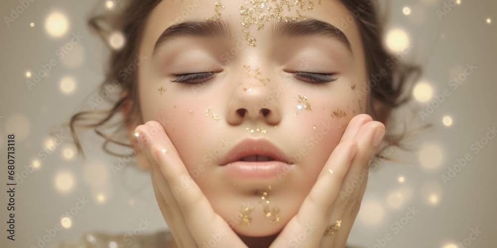 Beautiful young woman with golden glitter on her face, closeup