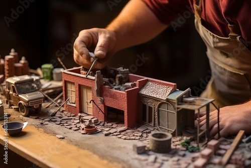 A human building a miniature house on a table in a workshop. Miniature art and construction concept