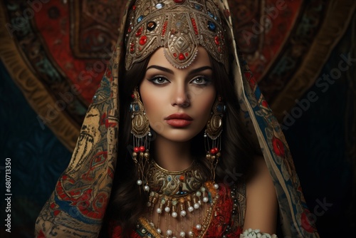 Portrait of beautiful young woman in oriental costume. Ethnic style. Ai generated.