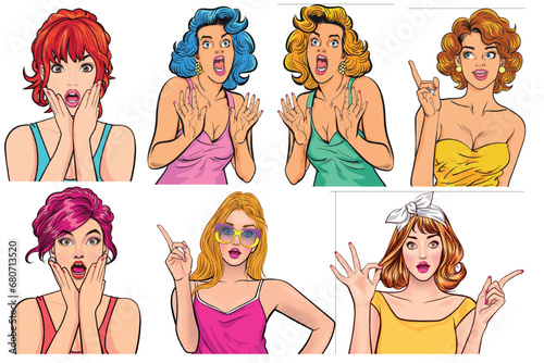 Set of beautiful girls comic pop art style with colorful fashion & hairstyle . Wow pop art face with glasses & sexy surprised expression. Vector illustration pop art retro comic style V9 .