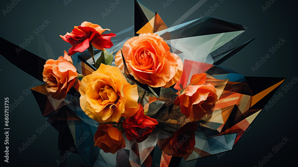 Abstract cubism, multiple perspectives of a bridal bouquet being caught, vibrant colors fragmented into geometric shapes, playful atmosphere