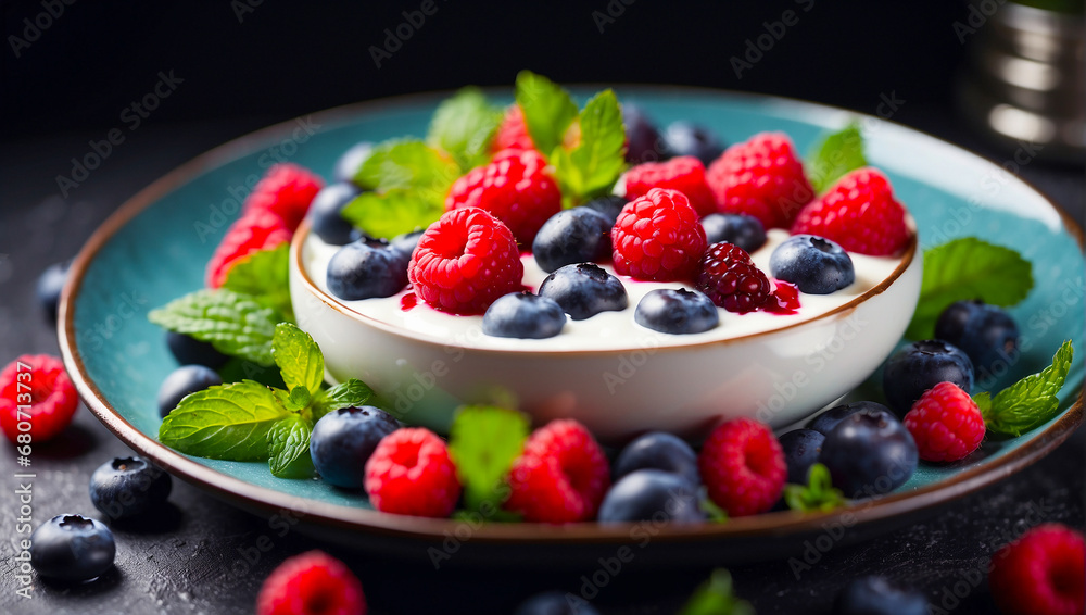 Yogurt on a plate with blueberries, raspberries, mint on the table Yogurt on a plate with blueberries, raspberries, mint on the table