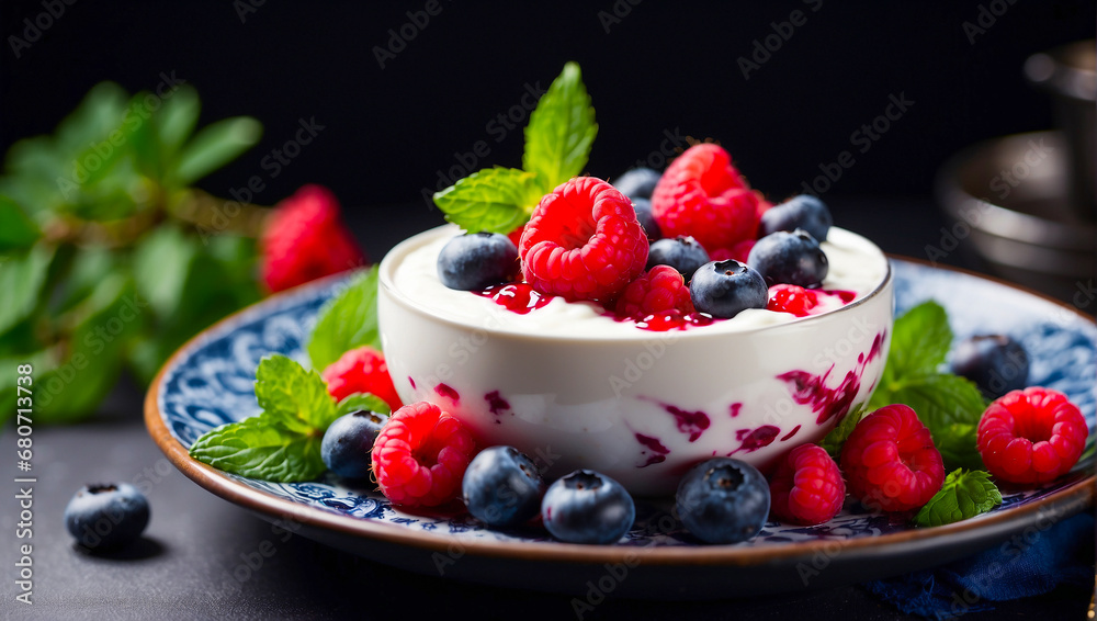 Yogurt on a plate with blueberries, raspberries, mint on the table