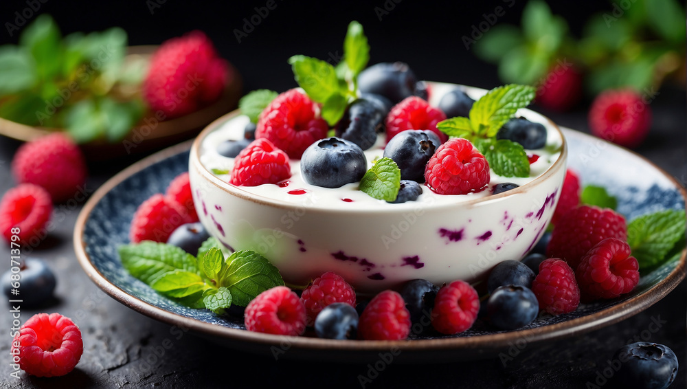Yogurt on a plate with blueberries, raspberries, mint on the table Yogurt on a plate with blueberries, raspberries, mint on the table