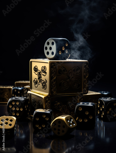 A black set of playing cards. A pile of dice sitting on top of a table
