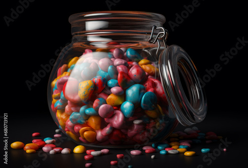 Cartoon candy inside a jar. A glass jar filled with lots of candy