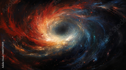 Abstract, ethereal depiction of a black hole swallowing a star, vivid colors, swirling patterns, accretion disk glowing, cosmic background, painterly brushstrokes, luminescent textures
