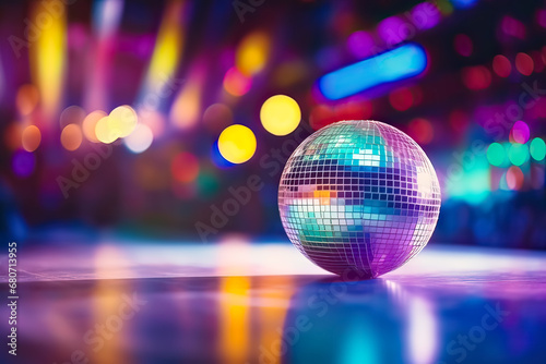 A vibrant disco ball in a club, infusing energy into the party scene with a dazzling background
