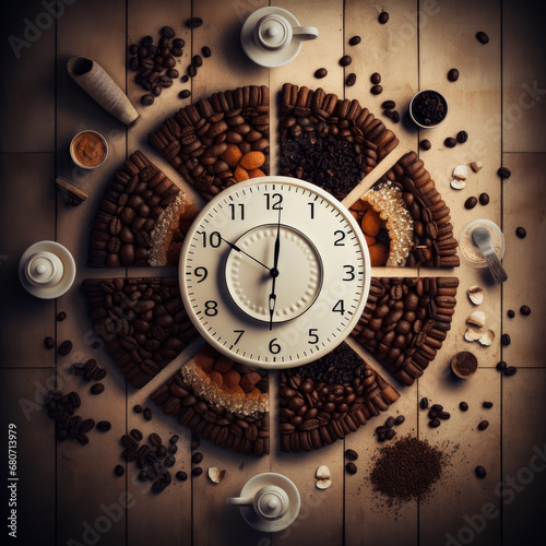 A clock app with coffee in the middle. A clock surrounded by coffee beans and coffee beans photo