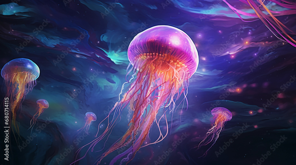 Naklejka premium Cosmic jellyfish floating in the depths of space, vibrant bioluminescent colors, soft and glowing edges, tentacles reaching for star clusters