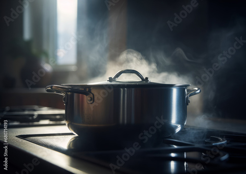 A saucepan on stove. A pot on a stove with steam coming out of it