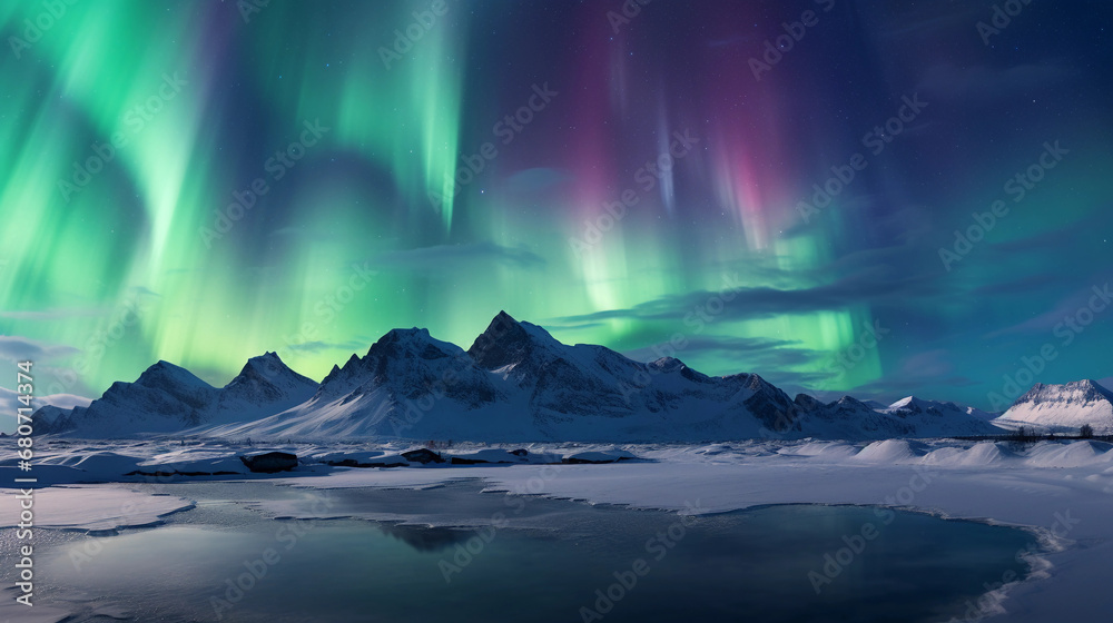 Aurora Borealis, multiple layers, foreground of snow-covered mountains, dynamic lighting