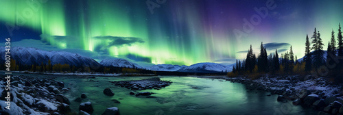 Aurora Borealis in the Yukon Territory, bright green and indigo swirls, natural landscape with a river in the foreground