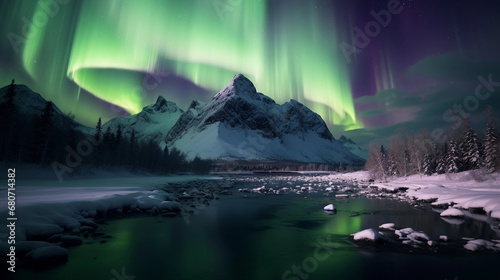 Aurora Borealis  multiple layers  foreground of snow-covered mountains  dynamic lighting