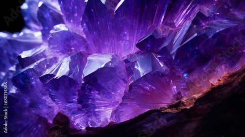 amethyst geode, intricate crystal structure, glowing purple hues, illuminated from behind, highly detailed, vivid contrast, ethereal aura