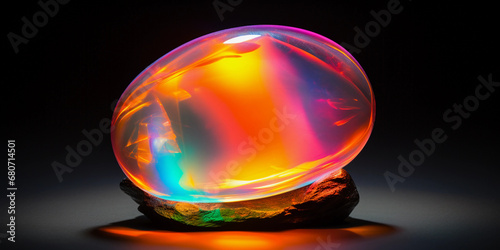 Opal with play-of-color effect, iridescent flashes of color, set against a dark background for maximum contrast, dramatic side lighting