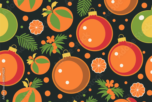 Vector christmas pattern 
with сhristmas tree toys ball, citrus fruits tangerines
and pine twigs on a black background. 2024 New Year's fashion
ornament for fabric, paper, textiles, notepad.