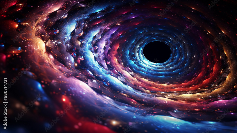 The Milky Way galaxy spiraling into infinity, digital fractals, psychedelic colors, moiré patterns, glittering star clusters, chaotic yet balanced - obrazy, fototapety, plakaty 