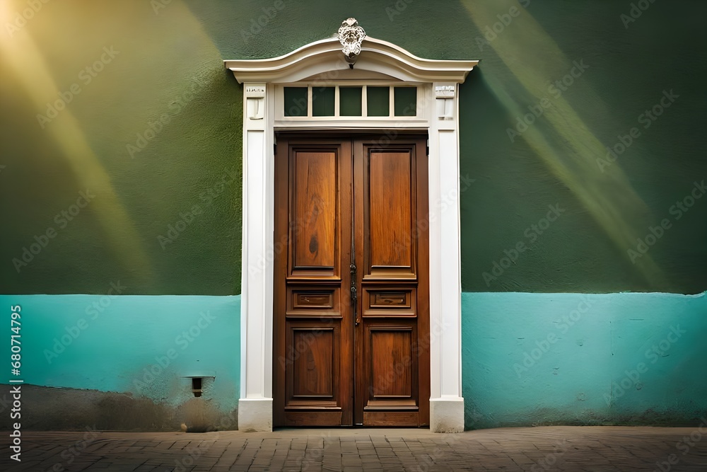 Old vintage wooden victorian european front door or back door and a window as a backdrop or background design element. - obrazy, fototapety, plakaty 