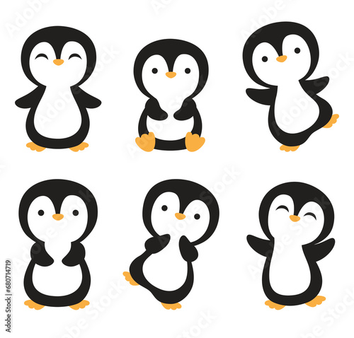 Cute holiday baby penguins vector illustration set. Happy penguins dancing in winter.