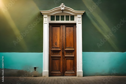 Old vintage wooden victorian european front door or back door and a window as a backdrop or background design element. photo