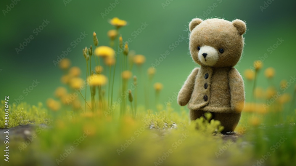 Handmade DIY figurine, cute crafted wool felt teddy bear on a blurred flower meadow Handmade DIY figurine, cute crafted wool felt teddy bear on a blurred flower meadow