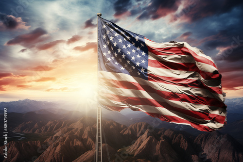 American flag waving on the top of hill with mountains photo