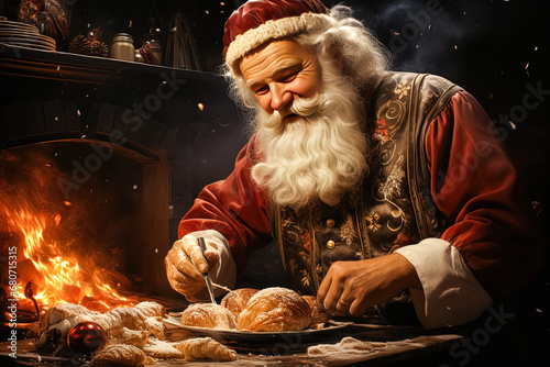 Santa Claus bakes Christmas cookies christmas background