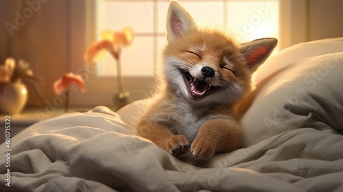 Blissful bed scene fox cub smiles.